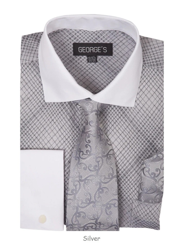 Camisa de vestir a cuadros/a cuadros para hombre con conjunto de corbata y pañuelo puño francés AH624 Foto 1 de 4