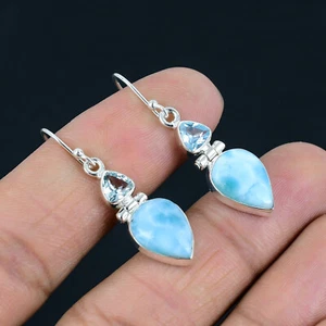 Orecchini Argento Sterling 925 Pietra Preziosa Naturale Larimar Solido Gioielli Regalo E-4048 - Foto 1 di 4