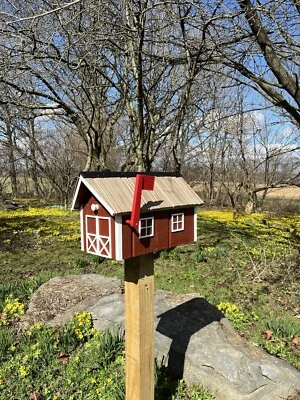 Wooden Barn Mailbox with a Durable Vinyl Shake Roof | SB201 | Red Box - Image 1 of 4