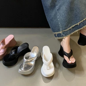 Damen-Sandalen Flip-Flop Plateau hoher Keilabsatz Hausschuhe dicke Sohlen Sommergröße - Bild 1 von 9