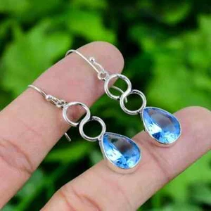 Excepcional Azul Piedra Topacio 925 Plata de Ley Hecho a Mano Pendientes D-9 - Imagen 1 de 5