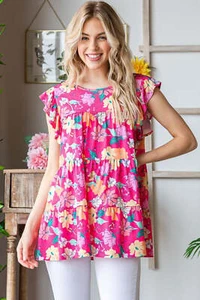 B Mirza collections Heimish Full Size Floral Ruffle Sleeve Tiered Blouse - Picture 1 of 5