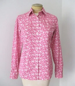 VGC Lands End Pink White Ditsy Floral 100% Pinpoint Oxford Cotton Blouse Top 4 - Picture 1 of 5