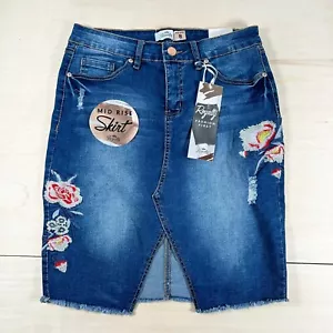 Royalty For Me Damen Gr. 8 Jeansrock Blumen Rohkanten Stretch Stickerei - Bild 1 von 9