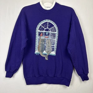 Vintage 90er lila Katzen im Fenster Sweatshirt Damen groß Kardinal Farm Grannycore - Bild 1 von 13