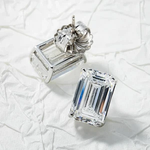 10.00CT Emerald Cut Lab Grown/CVD Diamond Dainty Stud Earrings 14k White Gold - Picture 1 of 13