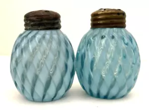 EAPG (2) Buckeye Blue Opalescent REVERSE SWIRL Salt Shakers - Picture 1 of 6