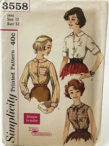 Vintage Simplicity Pattern 3558 Variation Blouse Shirt Used Cut 50's Size 12 - Picture 1 of 2