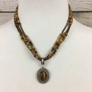 VTG Tiger Eye Pendant Seed Bead Necklace - Picture 1 of 7