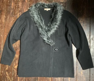 vtg 80s black faux fur knitted jumper FRANK SAUL Cardigan coat JKT M 12 14 - Picture 1 of 12