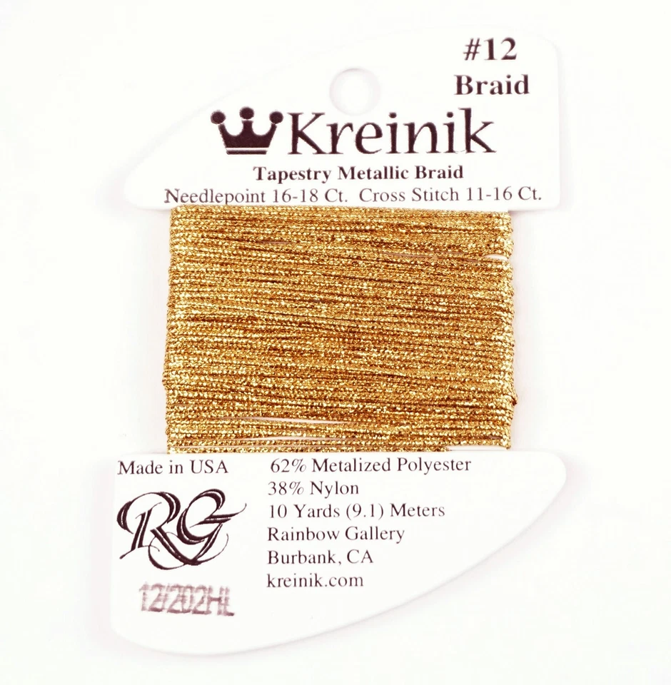 KREINIK BRAIDS Metallic Gold #12 (Tapestry) Braid #202HL ~ 10 Yard Card for Stitching Kreinik