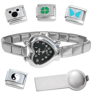 Bracciale orologio charm cuore nero italiano più strumento charm e charms smalto - Foto 1 di 6