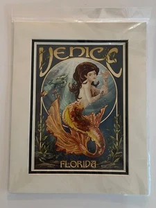 Venice Florida Mermaid Retro Travel Art Print, Fantasy Home Decor Matted 11x14 - Picture 1 of 4