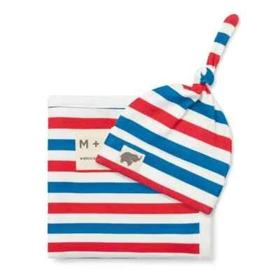 Monica + Andy Manta 100% Orgánica Roja, Blanca, Azul Rayas ¡con Sombrero! ¡NUEVO CON ETIQUETAS! Foto 1 de 2