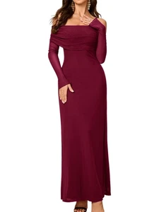 Colysmo Women Long Sleeve Mesh Off Shoulder Bodycon Maxi Dress Burgundy Size L - Picture 1 of 6