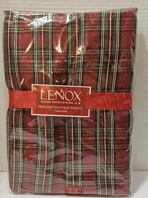 Lenox Holiday Nouveau Shimmery Dazzle Red Tartan Plaid Tablecloth 60x84” OBLONG - Image 1 of 4