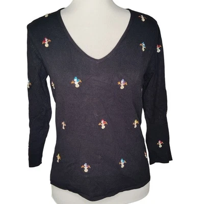 Etoile Snowman sequin v neck sweater top small black winter holiday - Image 1 of 4