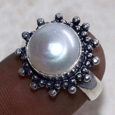 925 镀银珍珠民族圆形戒指 手工制作 珠宝 尺寸 US 6 GW — 第 1/3 张图片