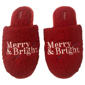 Womens Plush Red Sherpa Merry & Bright Christmas Slippers Scuffs - Picture 1 of 1