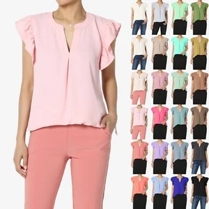 TheMogan S~3X Ruffle Flutter Sleeve Split Neck Hi Low Hem Relaxed Fit Blouse Top - Picture 1 of 122