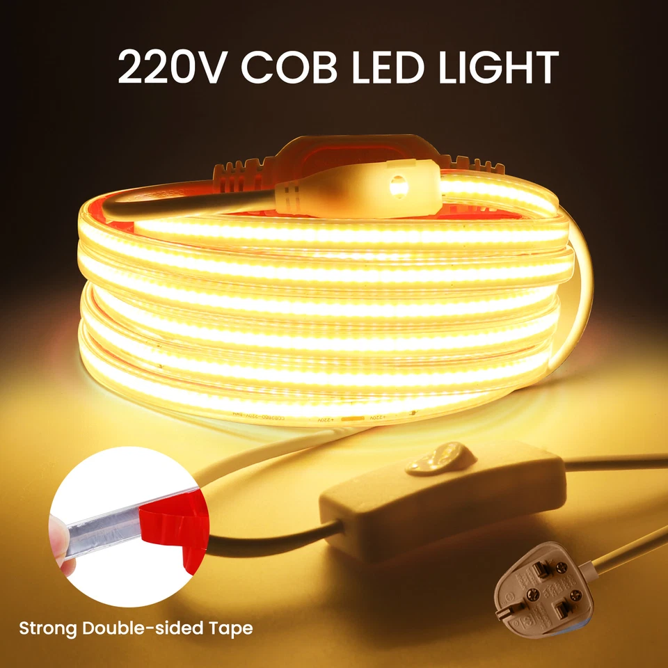 Neon COB LED Strip Light Waterproof 220V UK Plug Flexible Tape Lamp High Density - Image 1 of 4