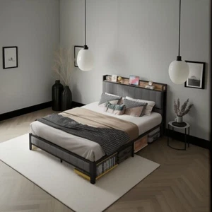 Queen Bed Frame: Grey Upholstered Headboard, Metal Platform - Picture 1 of 11