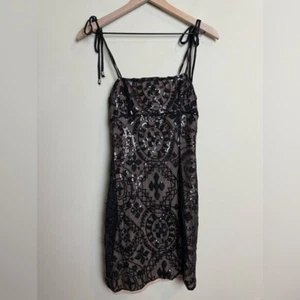 Free People Womens Sequin Spaghetti Strap Slip Mini Dress Size 4 Black Night Out - Picture 1 of 6