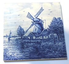 6" Vintage Delft Blue Handpainted Holland Ceramic Tile Windmill Boat Yacht