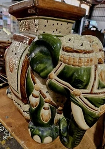 Elephant 1970s Vintage Ceramic GREEN LARGE Table Plant Stand Vintage 22 Inch - Picture 1 of 9