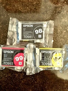 EPSON BLK INK T0981, EPSON T0994 YELLOW, EPSON T0993 MAGENTA - Picture 1 of 4