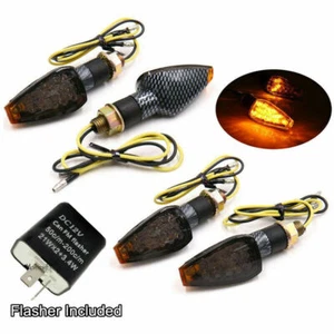 4 Pcs Motorcycle Turn Signal Lights Amber LED Carbon Fiber Look 10mm Fitment - Picture 1 of 12