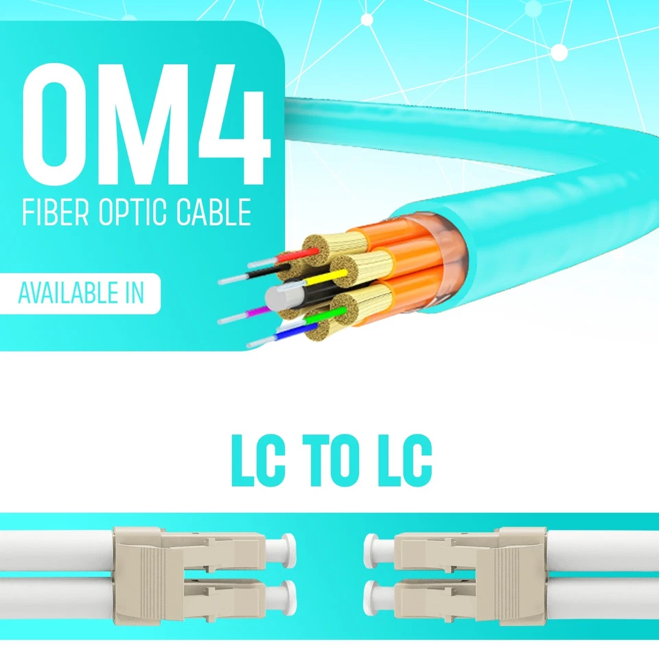 OM4 LC to LC Fiber Optic Patch Cable Multimode Duplex 50/125 Aqua  LC LC 1M-15M - Image 1 of 4