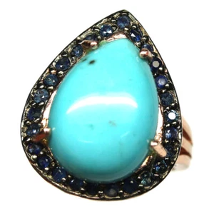 925 Silver 13 x 18 mm. Blue Turquoise & Sapphire Jewelry Ring Size 7.25 - Picture 1 of 4