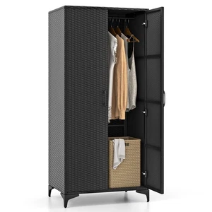 62'' Wicker Wardrobe w/ 2 Doors Hanging Rod & 4 Storage Cubes for Home Patio - Picture 1 of 10