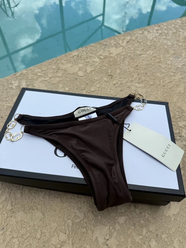 Parte inferior de bikini Gucci marrón - cadena GG dorada, talla S, nueva con etiquetas Foto 1 de 4