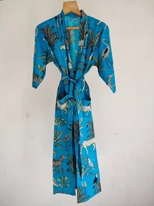 Blue Kimono Bath Robe Safari Print Cotton Long Gown Beach Wear Dress - Picture 1 of 10