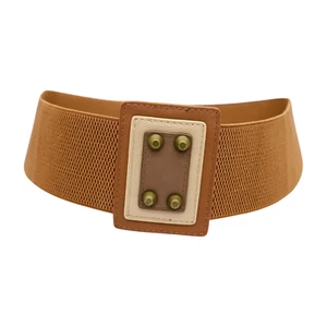 Women Brown Wide Elastic Comfortable Waistband Belt Square Antique Gold Stud S M - Picture 1 of 24