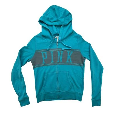 PINK Hoodie Womens Medium Full Zip Teal Blue Victoria's Secret Logo Pullover - Image 1 of 4