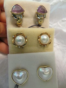 Vintage Leys Christie 14kt Mabe Pearl Diamond Amythest Earrings New Old Stock - Picture 1 of 13