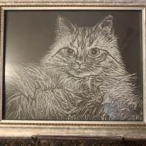 Vintage Scratch board Art Tabby Cat Signed ‘94 - Picture 1 of 4
