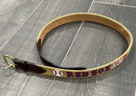 MLB Boston Red Sox TBS Petit Point Stitch Leather Belt Solid Brass Buckle Sz 36 Cover