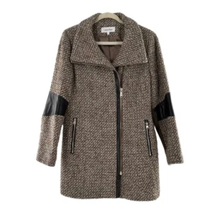 Calvin Klein Large wool jacket collar faux leather trim Tweed Field Coat Barn a - Picture 1 of 9