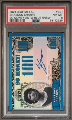PSA 8 SHAEDON SHARPE #d 50/50 Auto 2021 Leaf Metal So Money Rookie BLUE RAINBOW  - Image 1 of 2