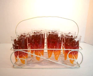 Set 8 Juice Glasses 5" Orange/Red/Brown Leaf 8 oz w/ Metal Caddy Art Deco 1950's - Picture 1 of 4