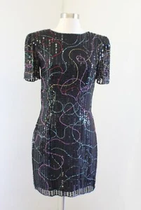 Vtg 90s Alfred Angelo Black Multi Color Silk Beaded Sequin Party Dress Size XS S - Picture 1 of 8