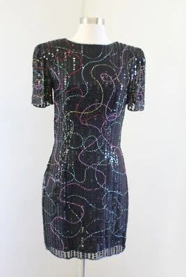 Vtg 90s Alfred Angelo Black Multi Color Silk Beaded Sequin Party Dress Size XS S - Image 1 of 4
