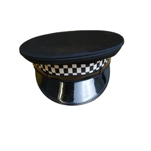 Ex Police Black Peaked Cap Checked Band Collector Film TV Fancy Dress - Picture 1 of 5