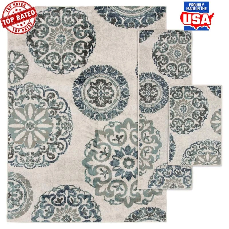 Juego de alfombras de área de 3 piezas para uso en interiores resistente a manchas patrón de medallón fácil cuidado Foto 1 de 4