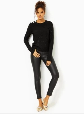 Novo com etiquetas Lilly Pulitzer Morgen Suéter Lantejoulas Preto Metálico Botão de Strass M $128 - Imagem 1 de 4