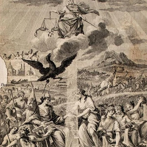 Georg Daniel Heumann Allegorie Justitia Adler Kupferstich nach Preissler 18 Jhd - Bild 1 von 3
